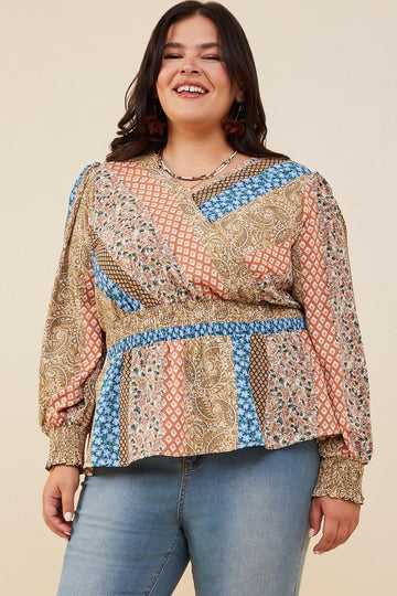 HB0030W Brown Mix Plus Print Blocked Smocked Waist Surplice Top Front